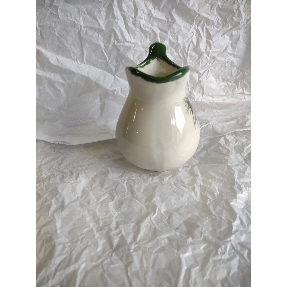 Vtg Heavy Mini Milk Pitcher, Cardinal Bird/Cream Colored Pottery 4